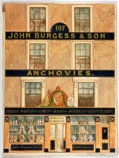 Gevel van John Burgess & Son, Magazijnhouders van de Hertogin van Gloucester door English School